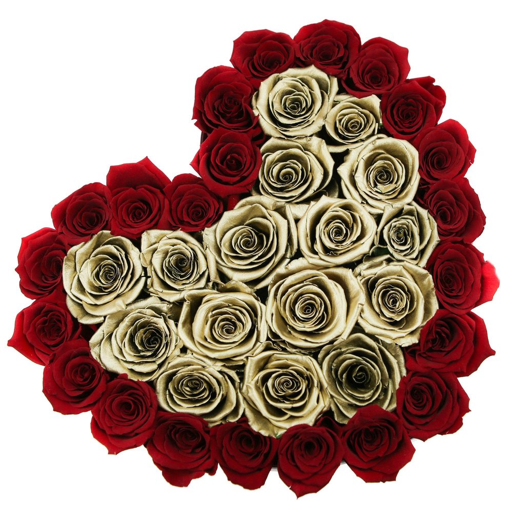 Trandafiri criogenați roșii & aurii ‘The Million Heart’ - Cutie inimă neagră
