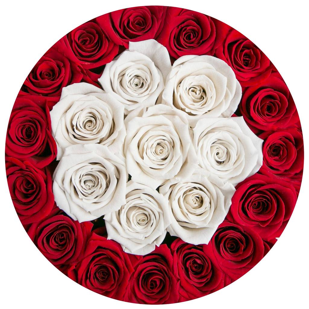 Trandafiri naturali albi și roșii - Cutie mică crem