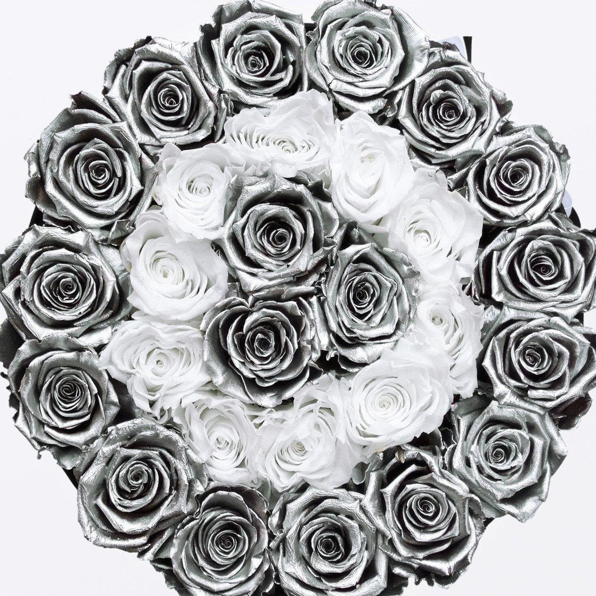 Aranjament de trandafiri criogenati albi și argintii