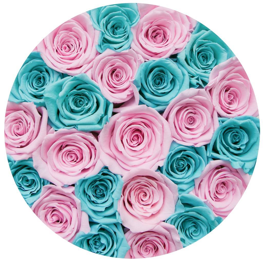 Trandafiri criogenati roz si albastri turcoaz in cutie Tiffany