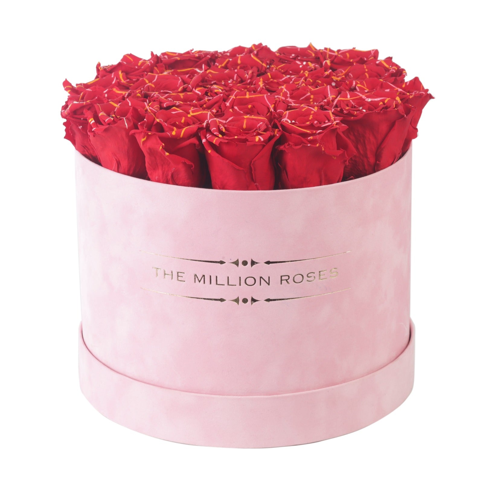 Trandafiri criogenati rosii "Dsquared" in cutie medie de catifea roz