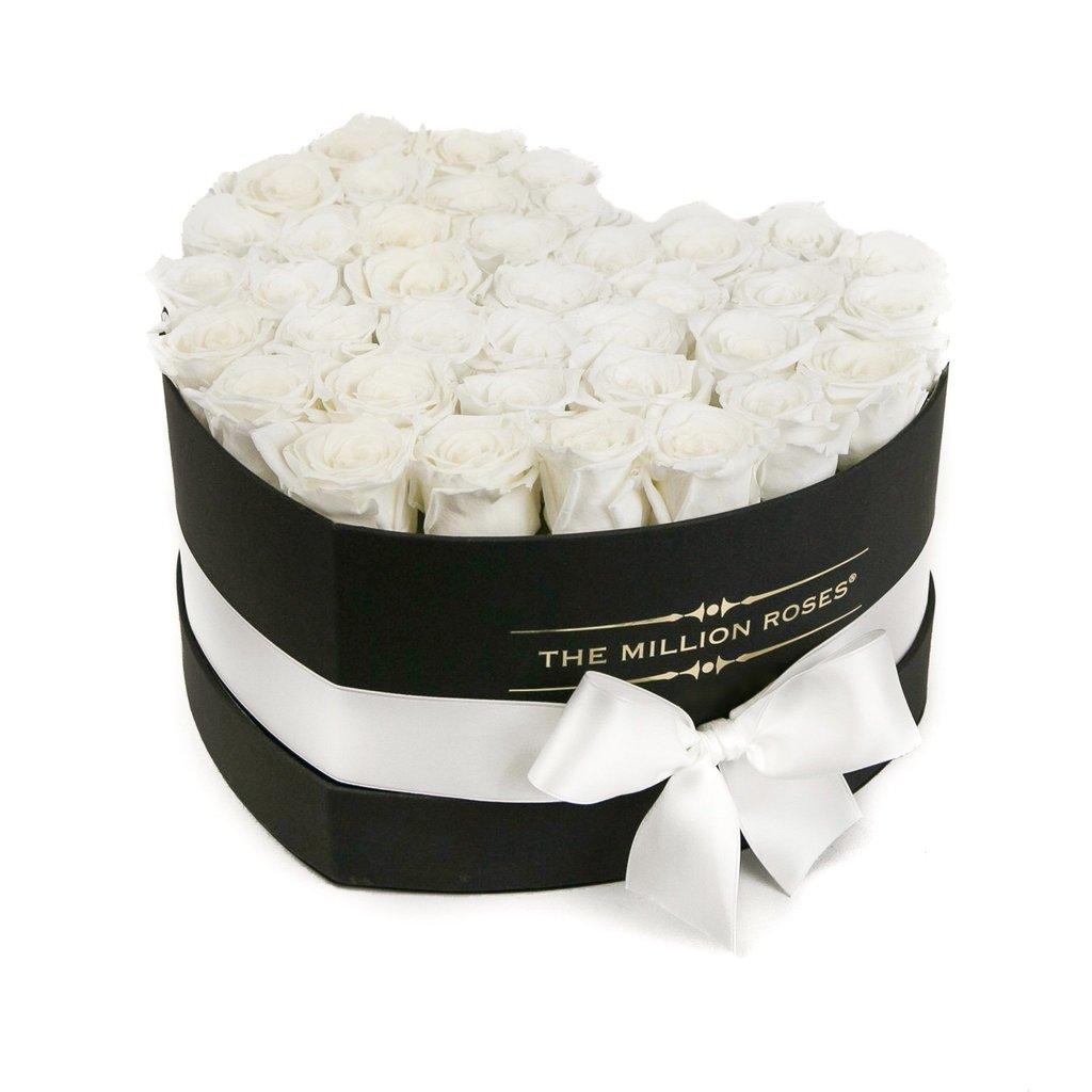 Trandafiri albi naturali în cutie ‘The Million Heart’ - Inimă neagră