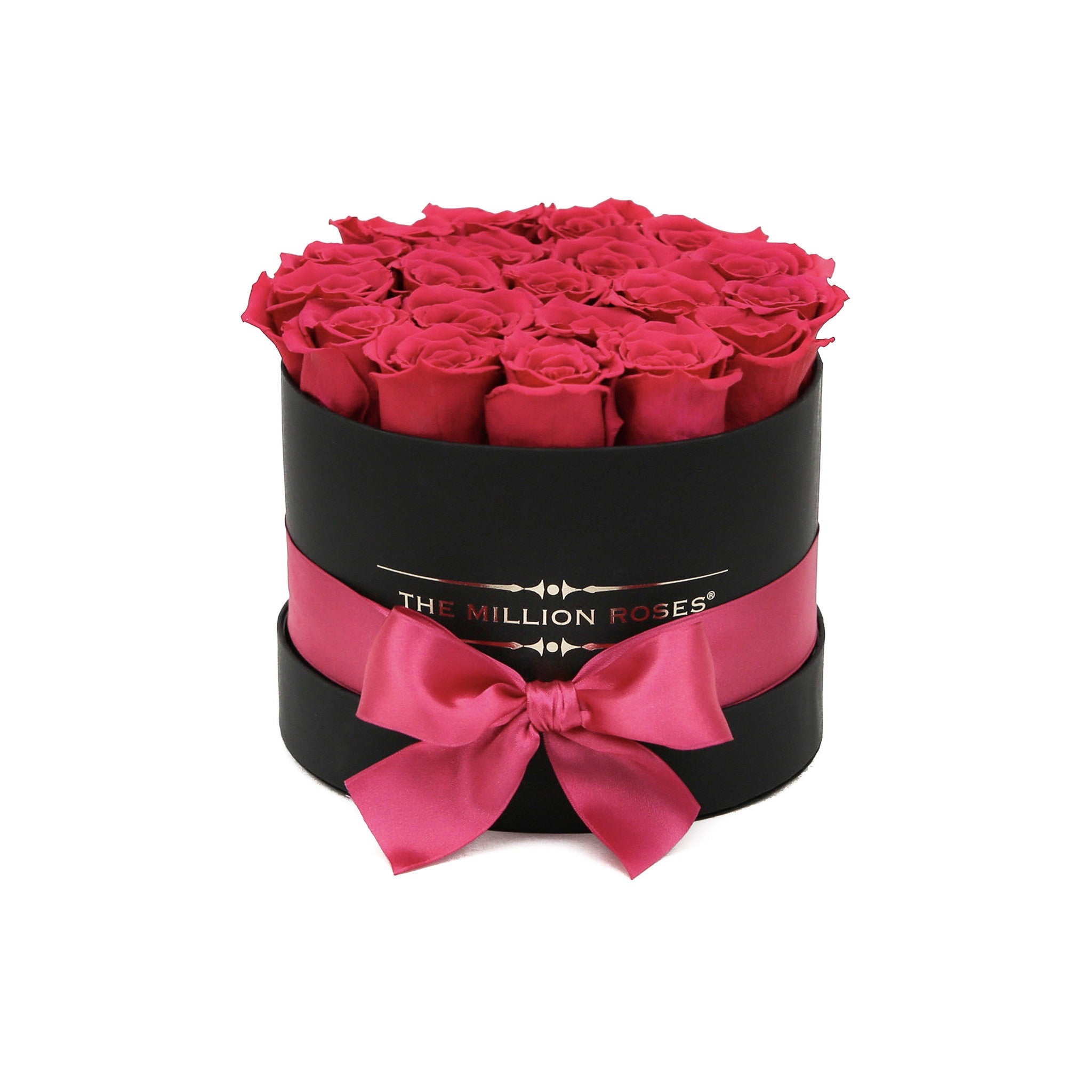 Aranjament cu trandafiri roz ciclam - Cutie medie neagră