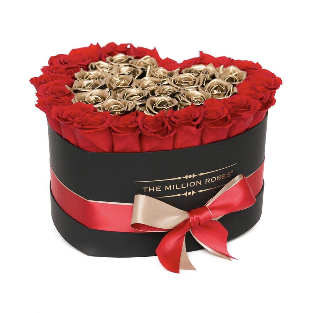 Trandafiri criogenați roșii & aurii ‘The Million Heart’ - Cutie inimă neagră