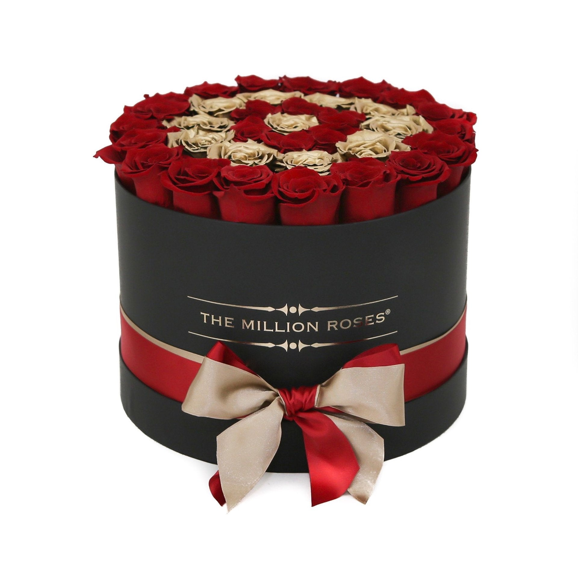 Cutie medie neagră cu trandafiri naturali roșii și aurii
