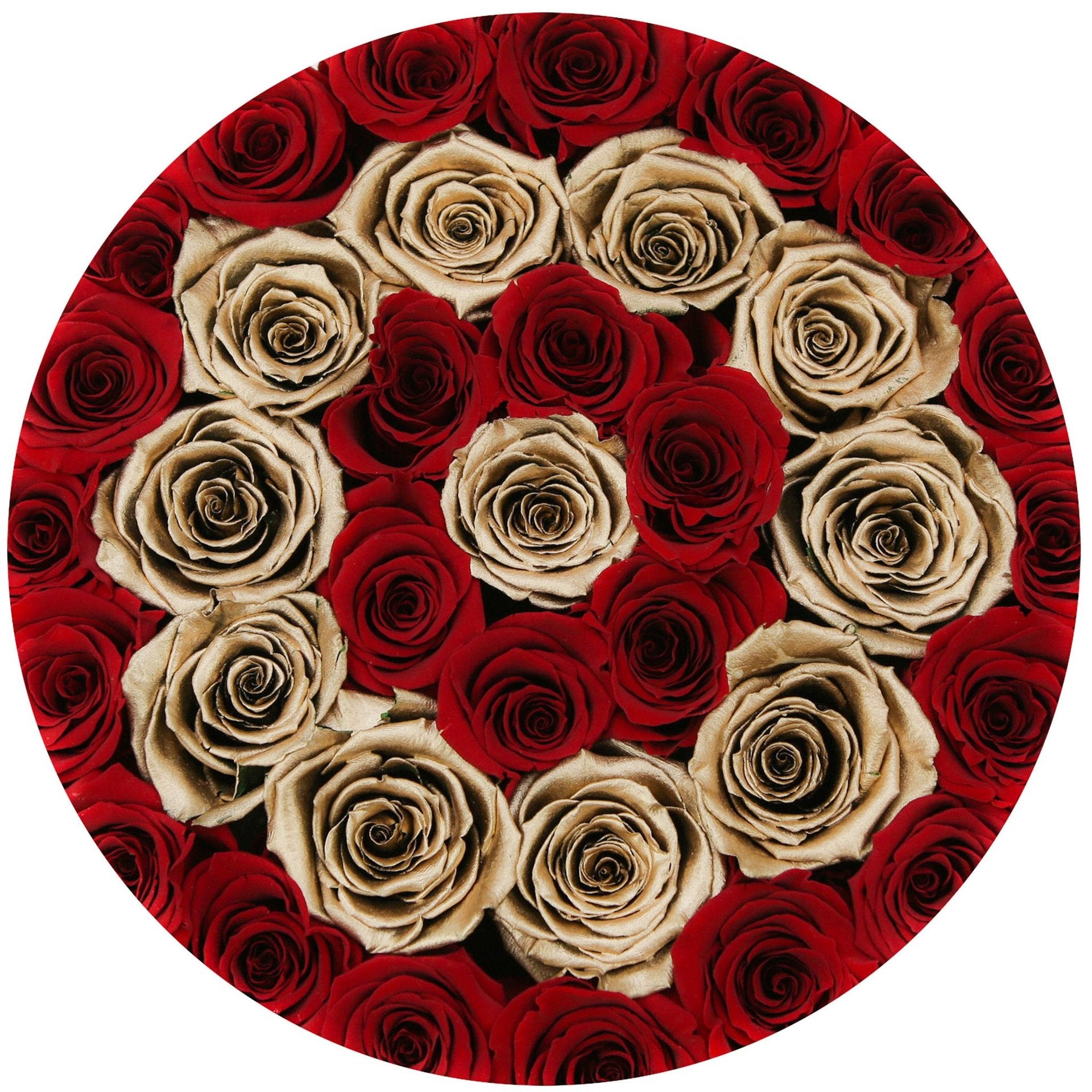 Cutie medie neagră cu trandafiri naturali roșii și aurii