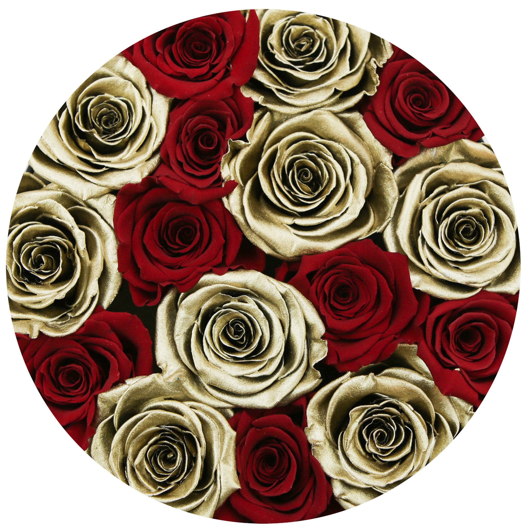 Cutie neagră mică cu trandafiri naturali roșii & aurii - Gold edition